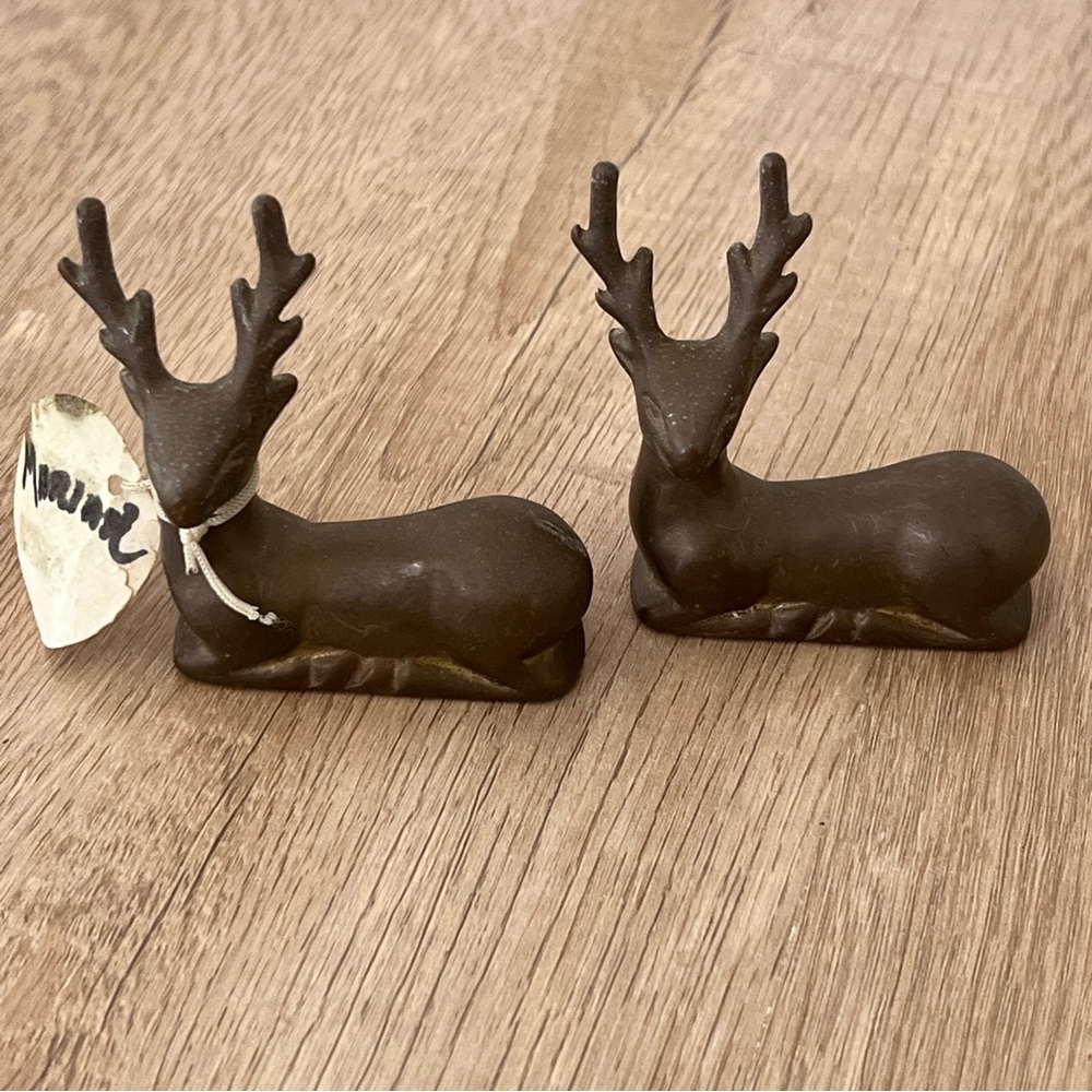 Vintage Pair Of Reclining Bronze Deer Figurines sculptures Small 2.25” X 3”